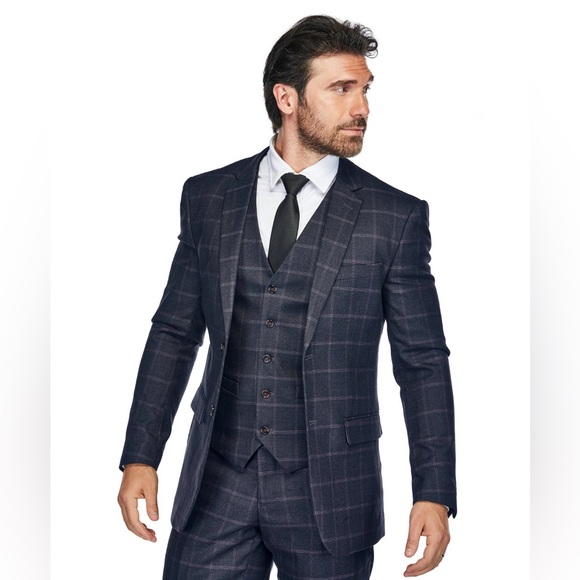 Gino Vitale Other - Gino Vitale‎ Men’s 3-peice Windowpane Plaid Slim Fit Suit 50L X 44W Navy